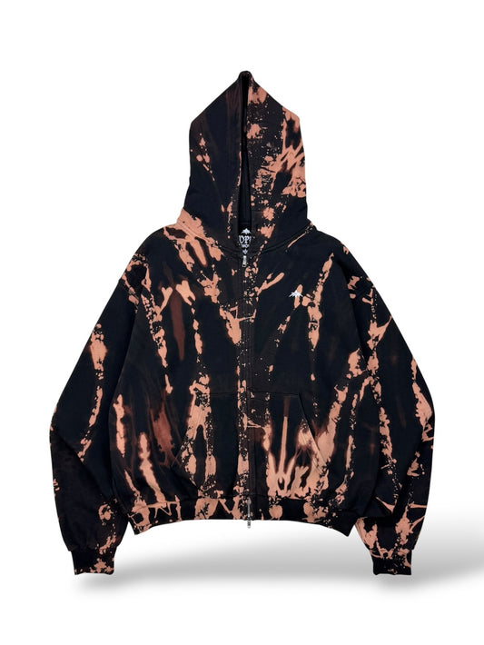 Black Ember | Double Zip Oversized Hoodie | Bleach Dye